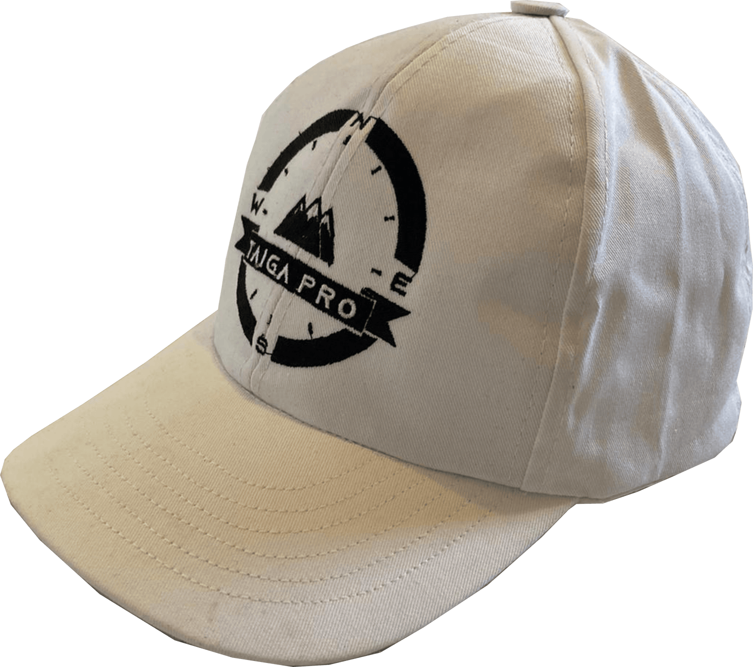 White taiga pro baseball cap with a black taiga pro logo embroidery on the front of the cap.
