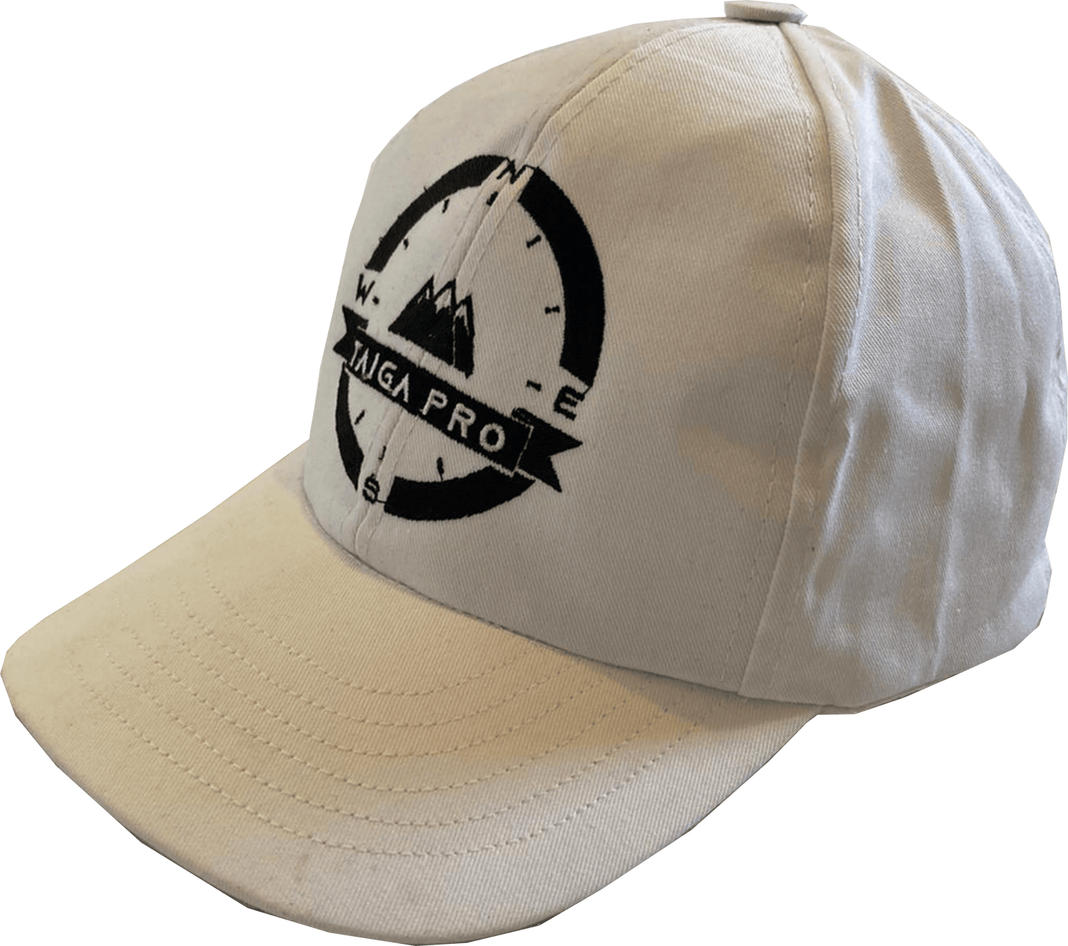 White taiga pro baseball cap with a black taiga pro logo embroidery on the front of the cap. 